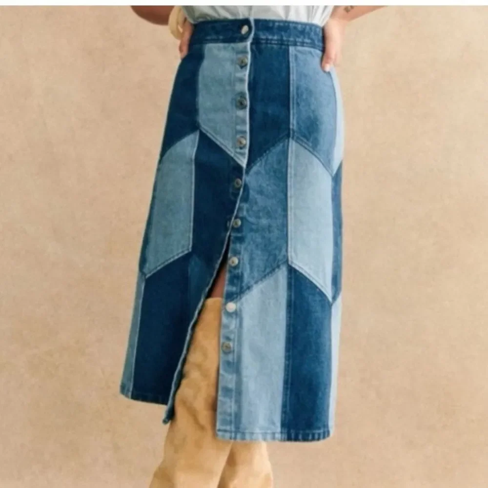 Sezane Alexane Patchwork Denim Midi Skirt Size 14 - Picture 3 of 9